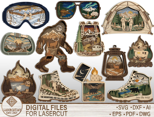 Adventure Multilayer Laser Cut File Bundle for Glowforge xTool LightBurn Camping Hiking SVG 14 Designs