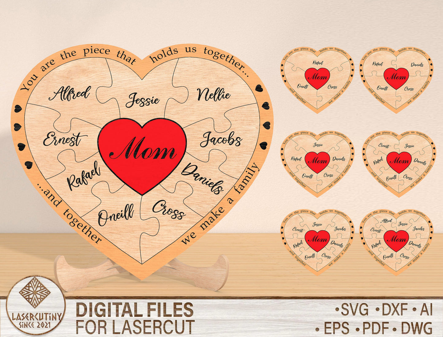Personalized Mom Heart Sign SVG Custom Kids Name for Glowforge