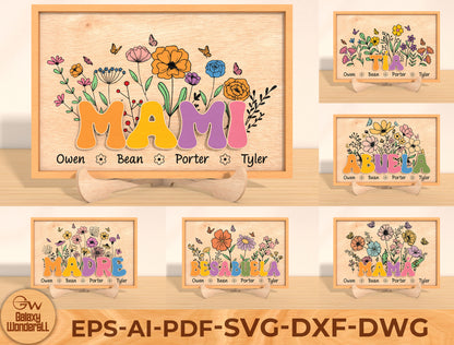 Personalized Mother’s Day Floral Name Sign Laser Cut File | Custom Mom & Grandma Decor | Colorful Botanical Style | Glowforge, xTool, LightBurn, etc.