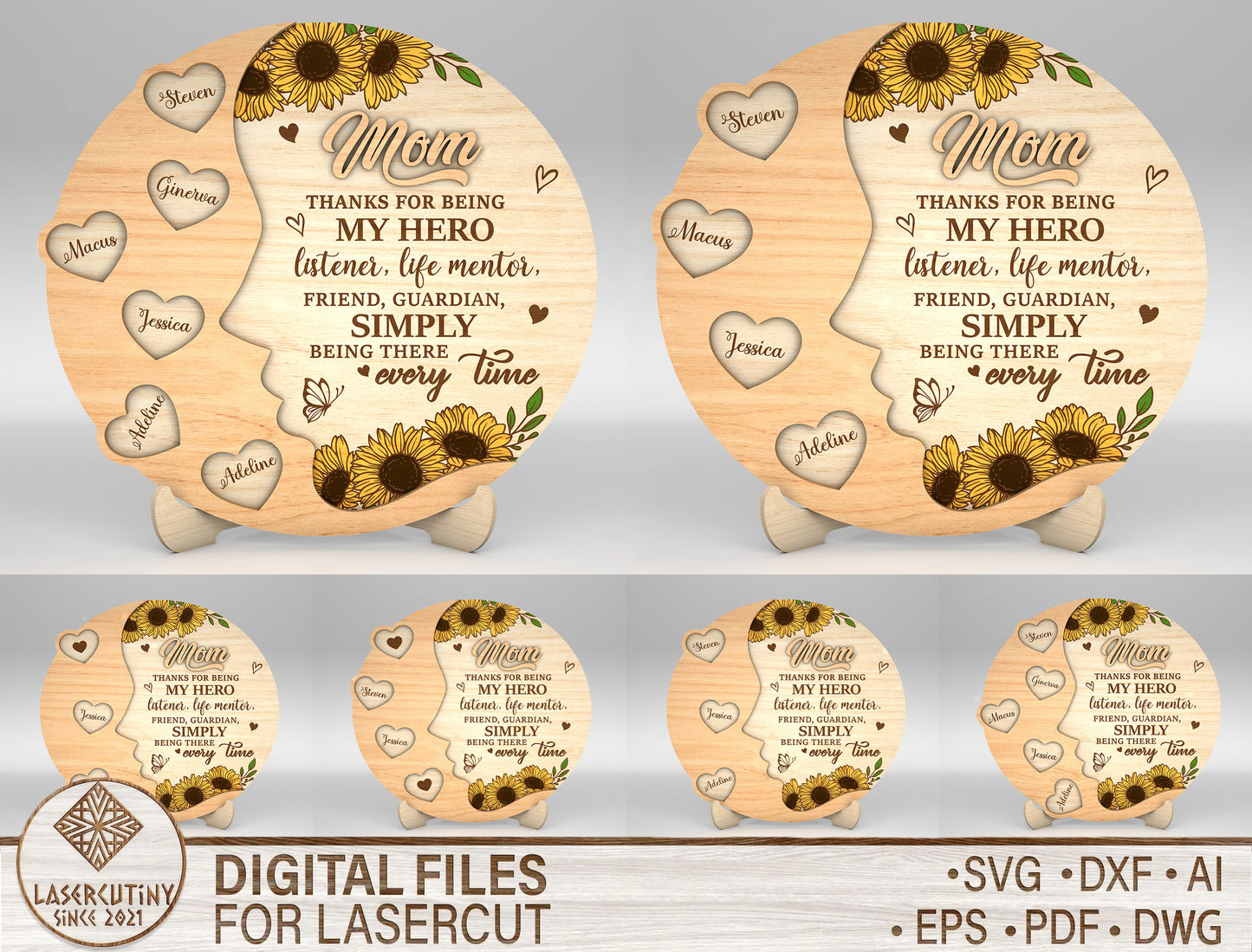 Mom Sunflower Round Heart Name Sign SVG for Glowforge and xTool