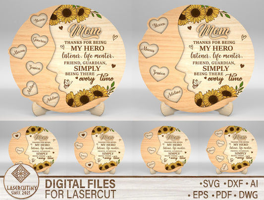 Mom Sunflower Round Heart Name Sign SVG for Glowforge and xTool