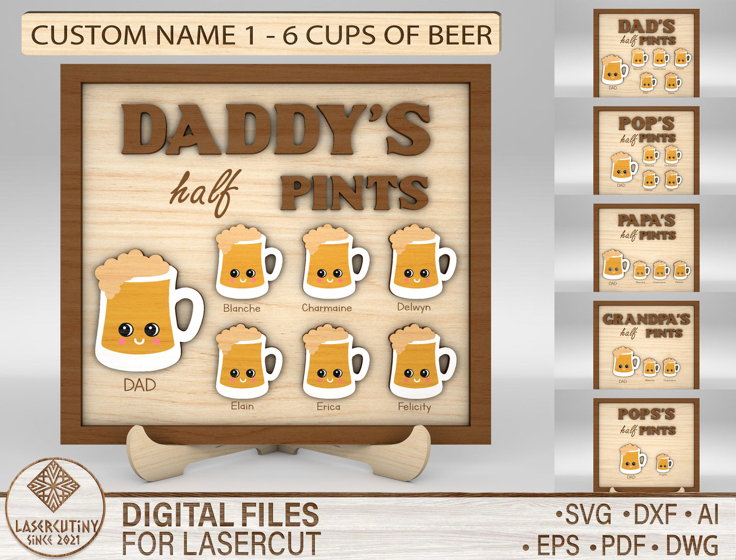 Daddy's Half Pints Beer Mug Sign SVG Laser Cut File for LightBurn and xTool