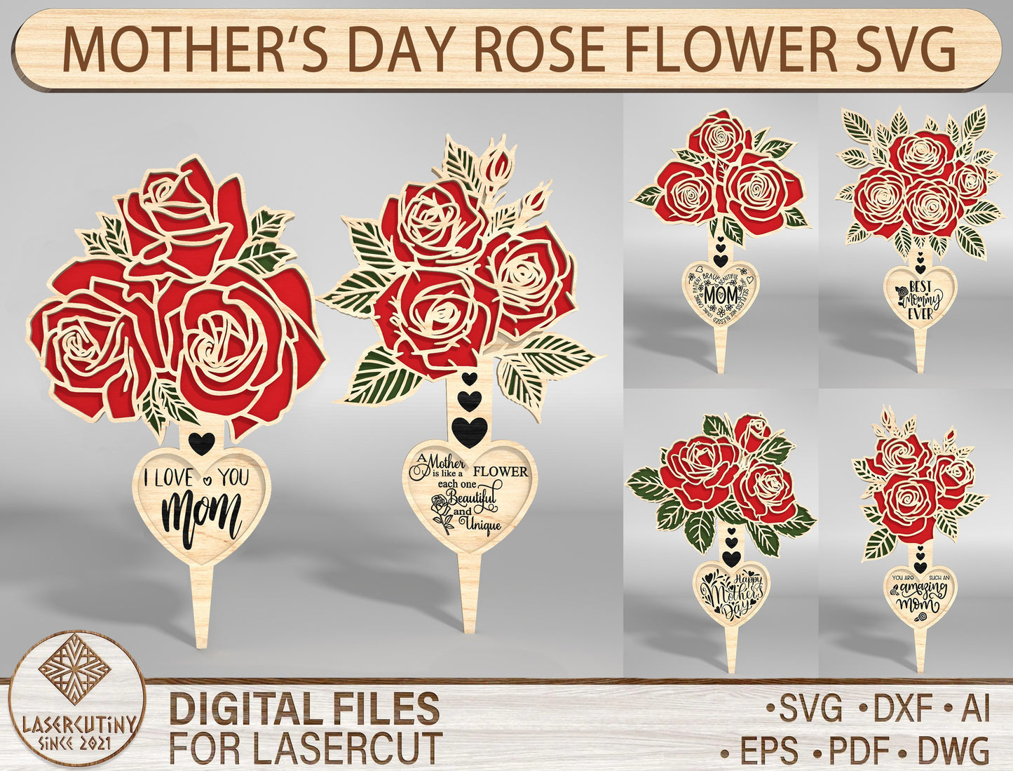 Rose Bouquet Plant Stake SVG Mother's Day Garden for Glowforge