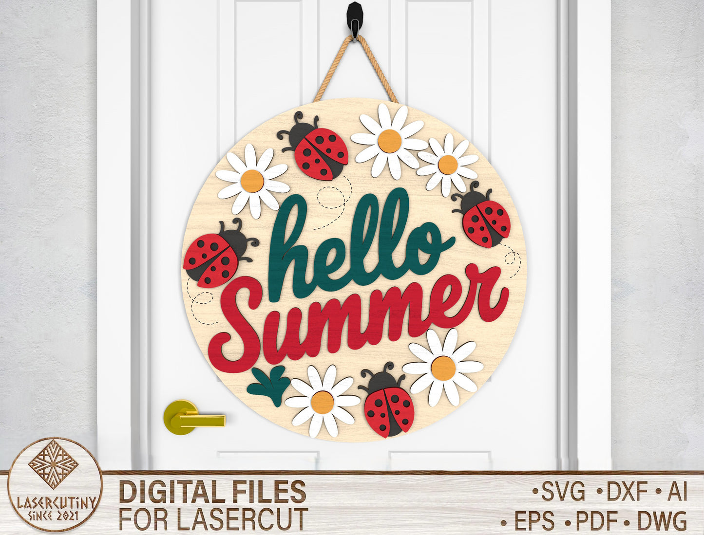 Hello Summer Daisy Ladybug Door Hanger SVG – Cute Floral Polka Dot Decor – Laser Cut File