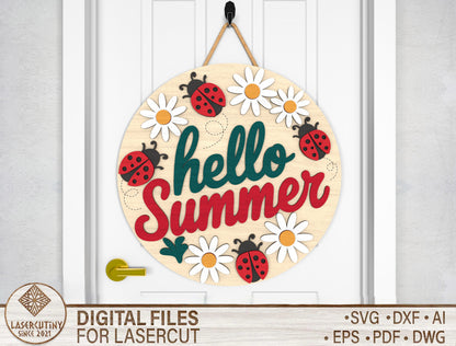 Hello Summer Daisy Ladybug Door Hanger SVG – Cute Floral Polka Dot Decor – Laser Cut File