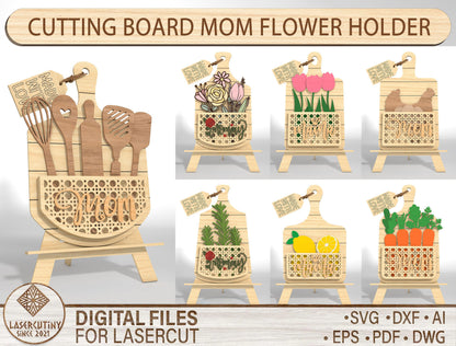 Cutting Board Mom Flower Holder SVG Bundle for Glowforge and xTool