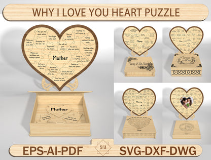 Why I Love You Heart Puzzle SVG Pieces of My Heart for Glowforge