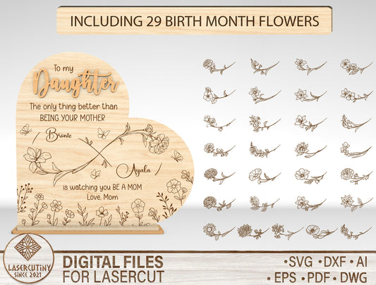 Personalized To My Daughter Birth Month Flower SVG Bundle for Glowforge and xTool