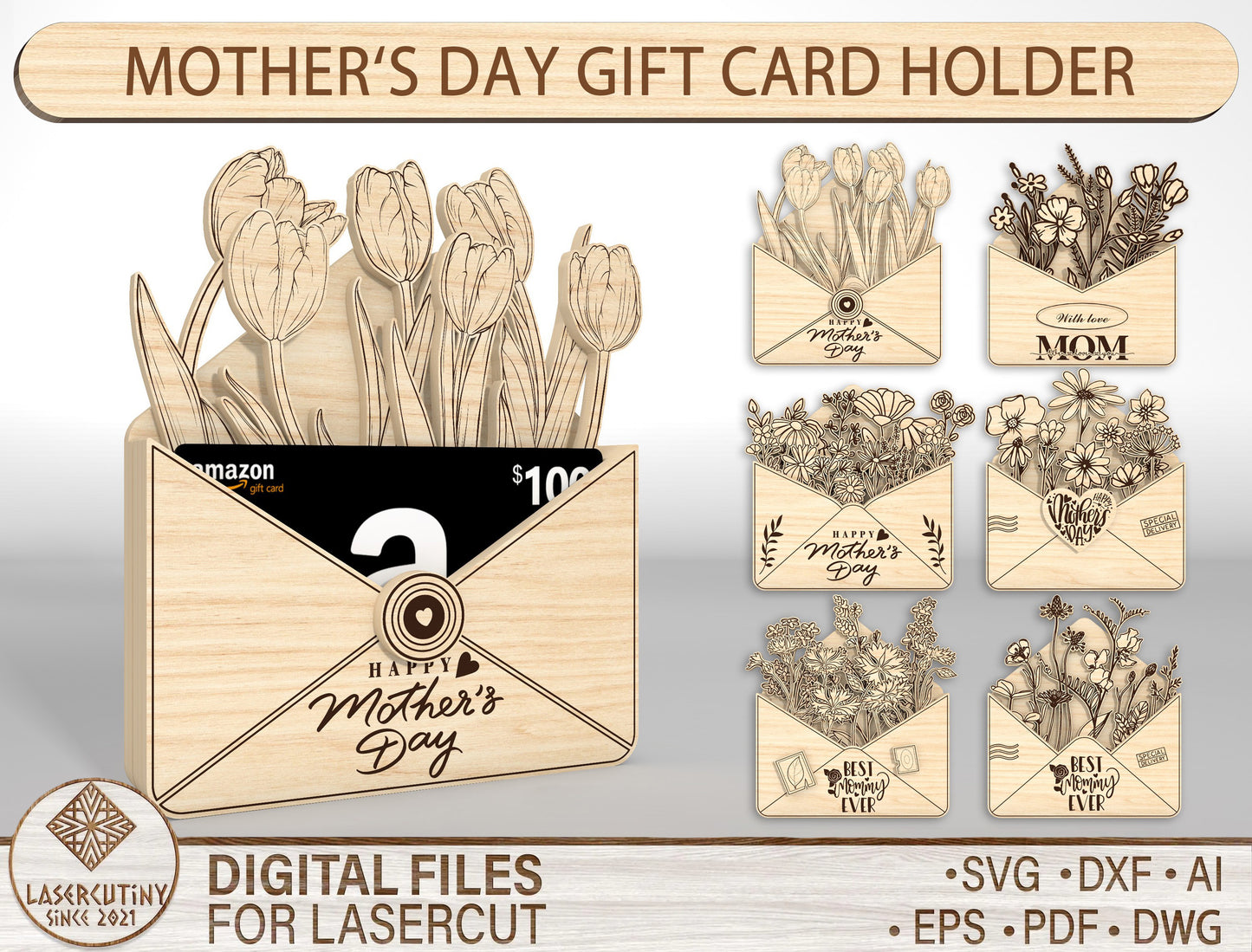 Mother's Day Gift Card Holder SVG Floral Envelope for Glowforge