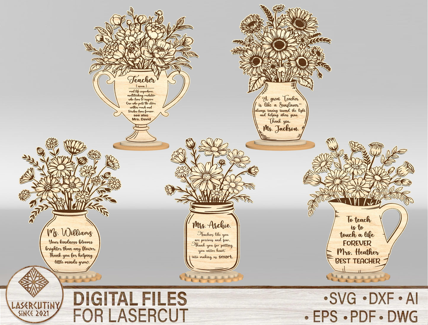 Teacher Flower Vase SVG Laser Cut File for Glowforge and LightBurn
