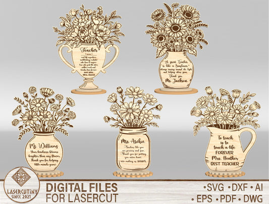 Teacher Flower Vase SVG Laser Cut File for Glowforge and LightBurn