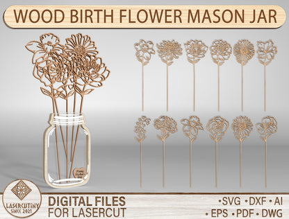 Birth Flower Mason Jar SVG Wooden Bouquet Decor for Glowforge