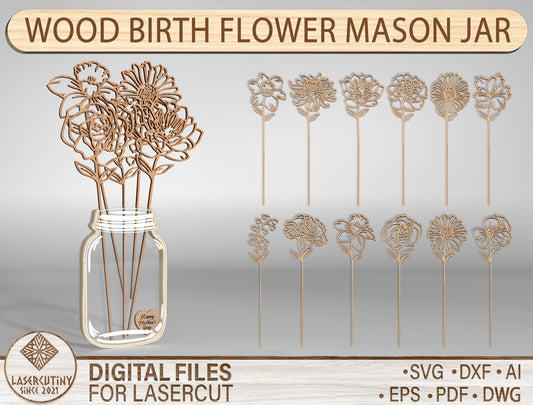 Birth Flower Mason Jar SVG Wooden Bouquet Decor for Glowforge