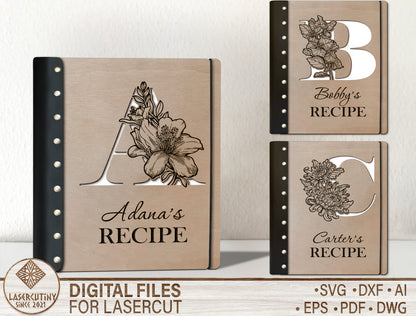 Alphabet Floral Recipe Book SVG Personalized Cookbook for Glowforge