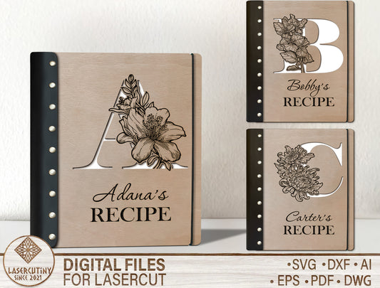 Alphabet Floral Recipe Book SVG Personalized Cookbook for Glowforge
