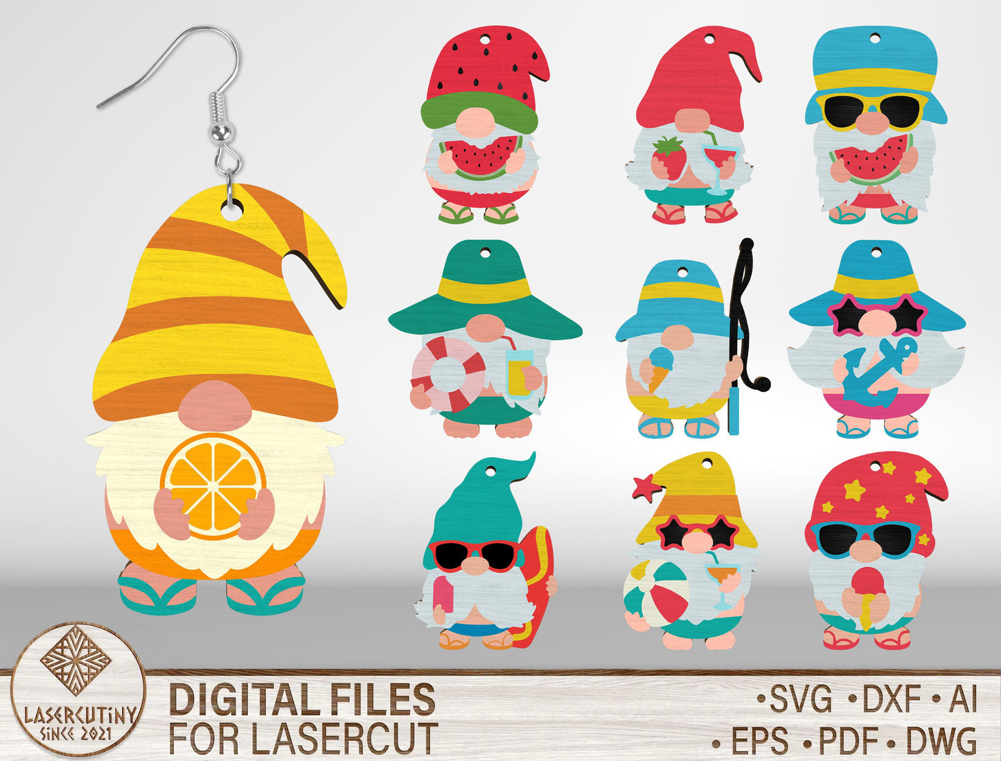 Summer Gnome Earrings SVG Bundle Laser Cut File for Glowforge and xTool