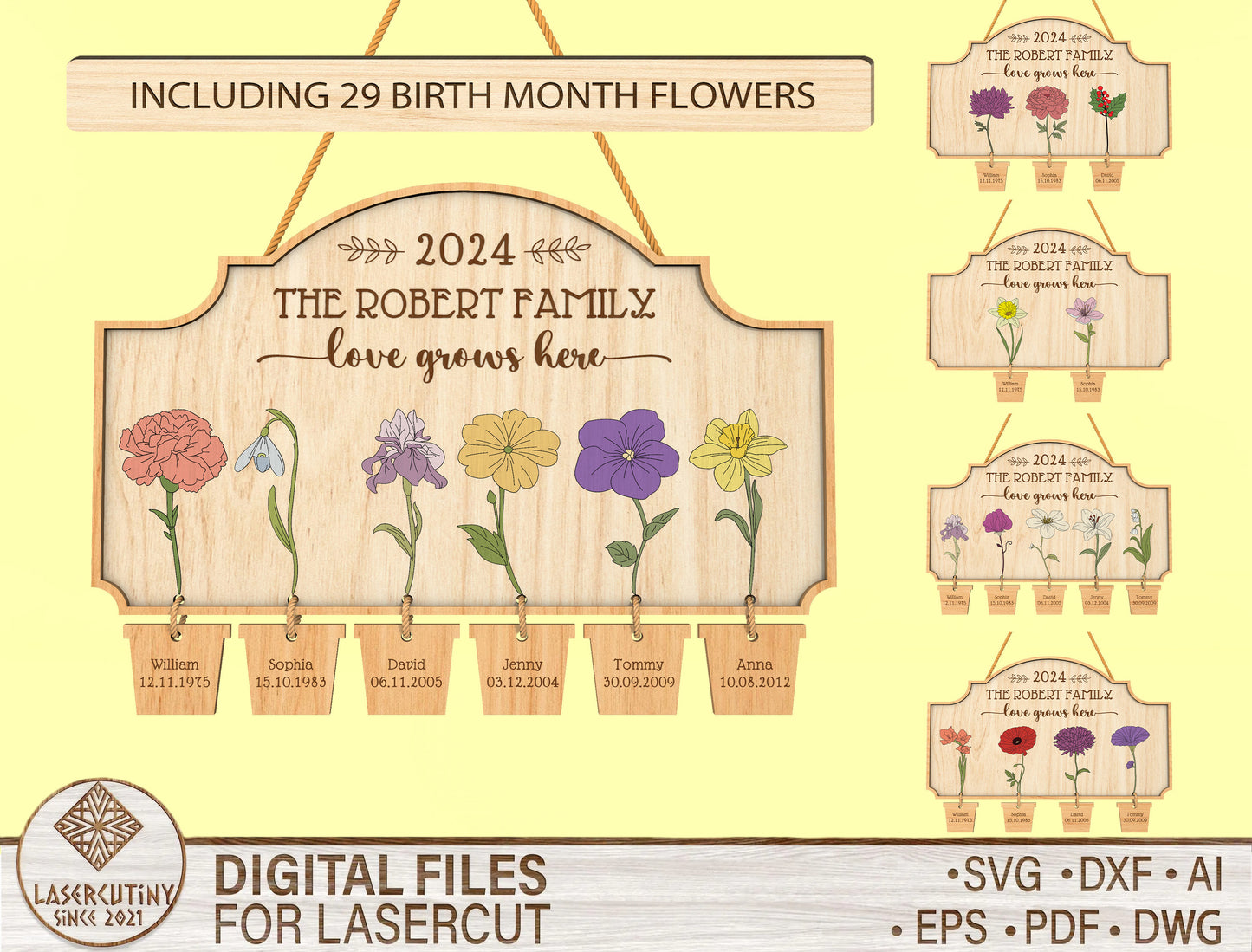 Custom Name Birth Flower Hanging Tag Sign SVG for LightBurn