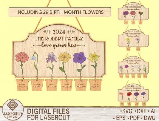 Custom Name Birth Flower Hanging Tag Sign SVG for LightBurn