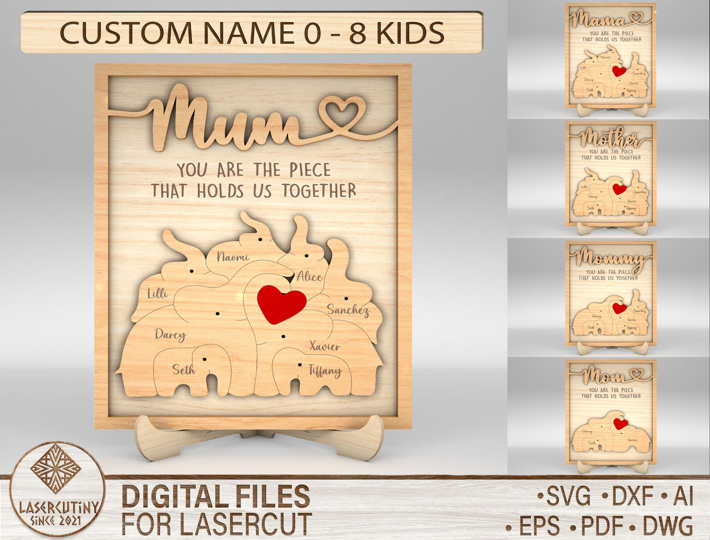 Custom Name Kids Family Sign SVG Multiple Mom Titles for LightBurn