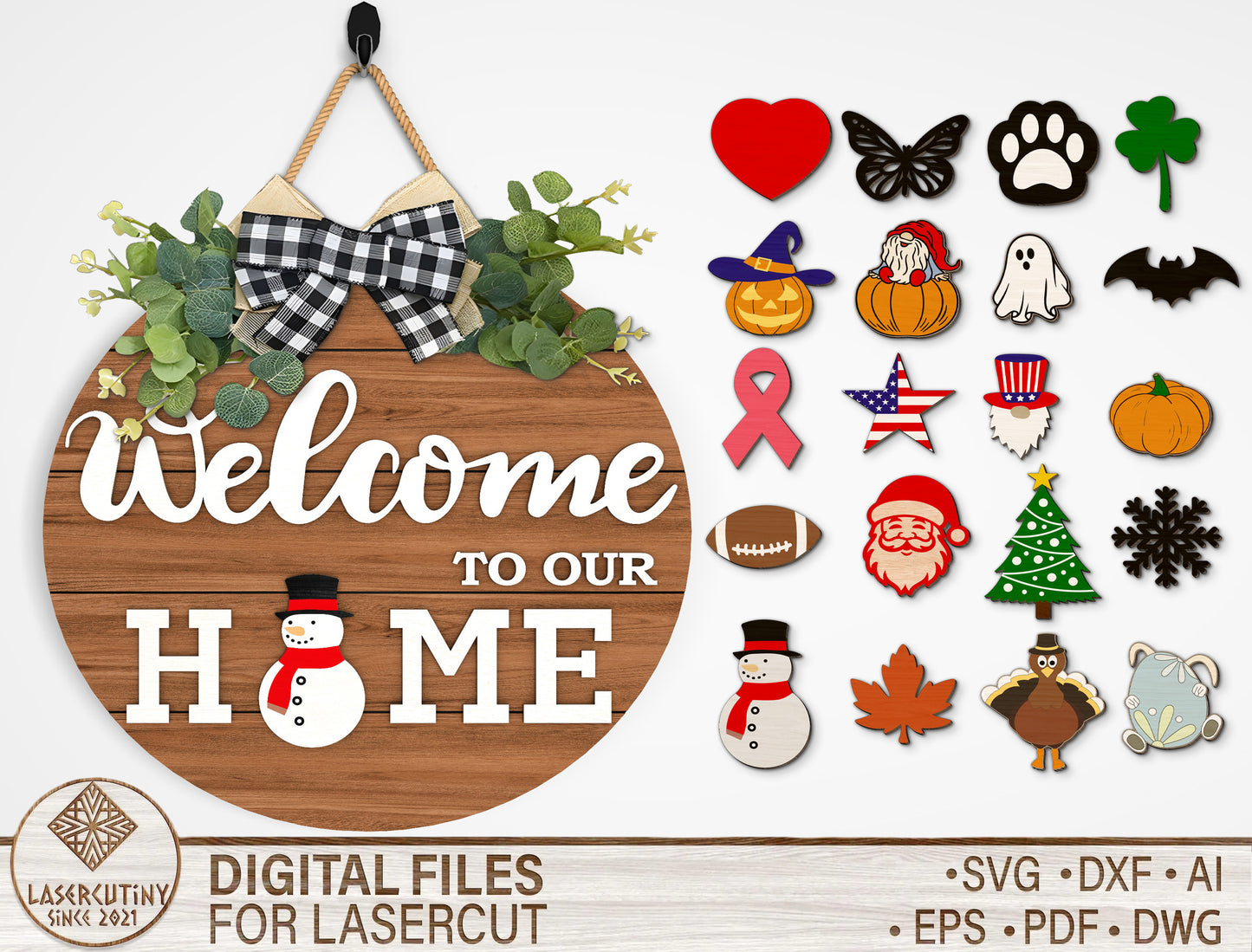 Interchangeable Welcome Door Sign SVG Bundle Laser Cut File