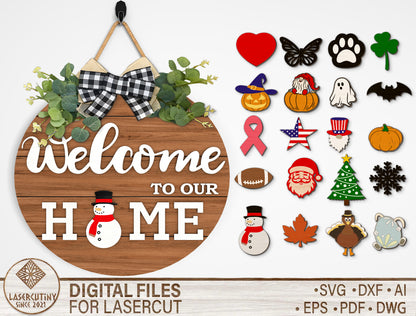 Interchangeable Welcome Door Sign SVG Bundle Laser Cut File