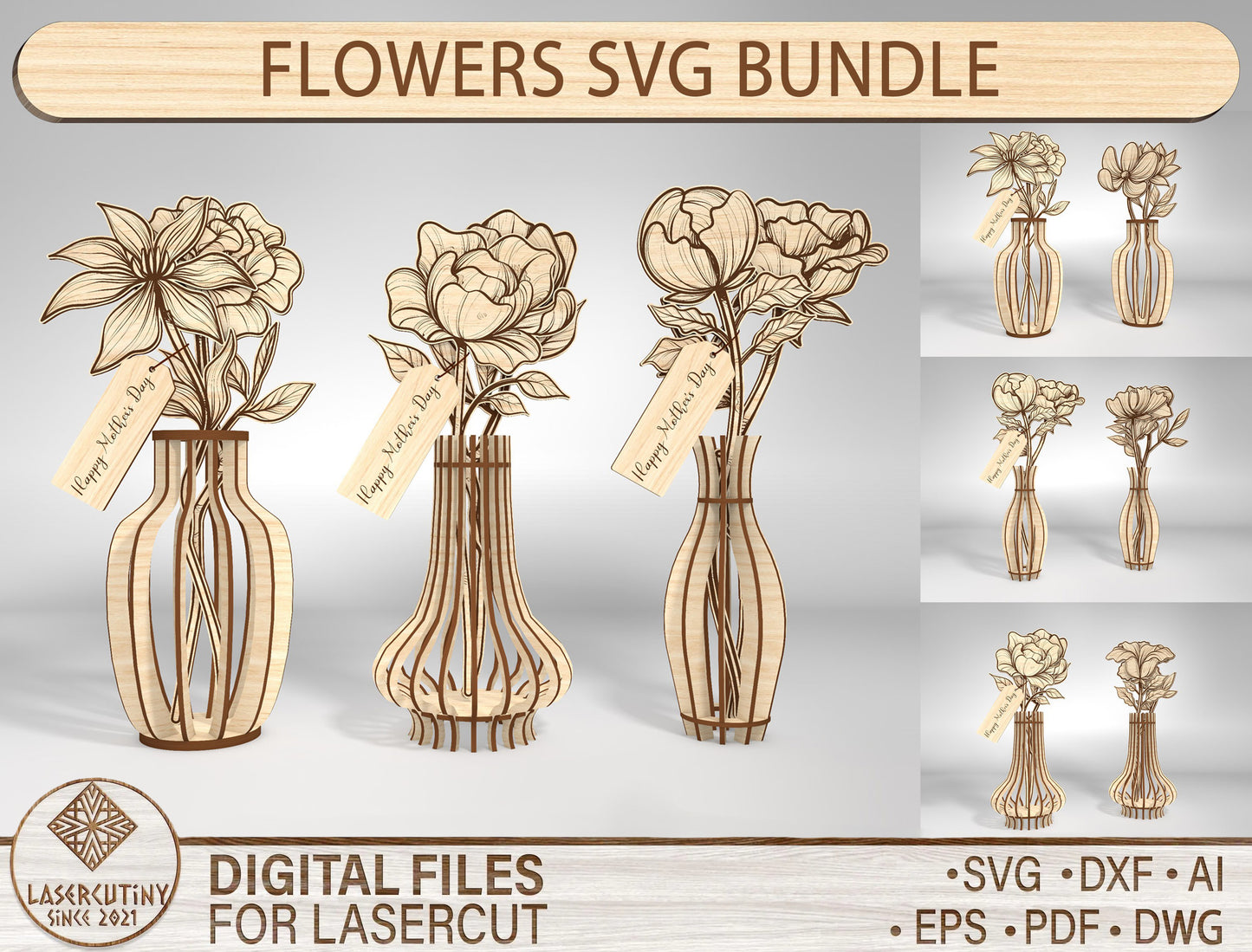Floral Vase Arrangement SVG Bundle 36 Flowers for Glowforge and xTool