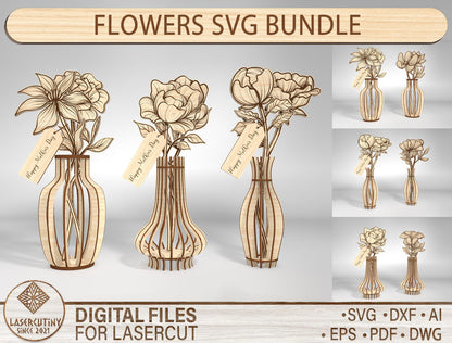 Floral Vase Arrangement SVG Bundle 36 Flowers for Glowforge and xTool