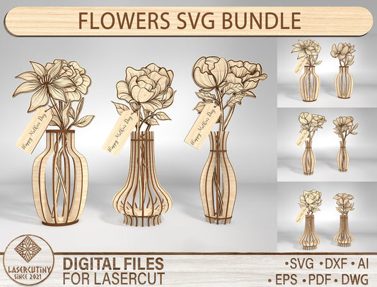 Floral Vase Arrangement SVG Bundle 36 Flowers for Glowforge and xTool