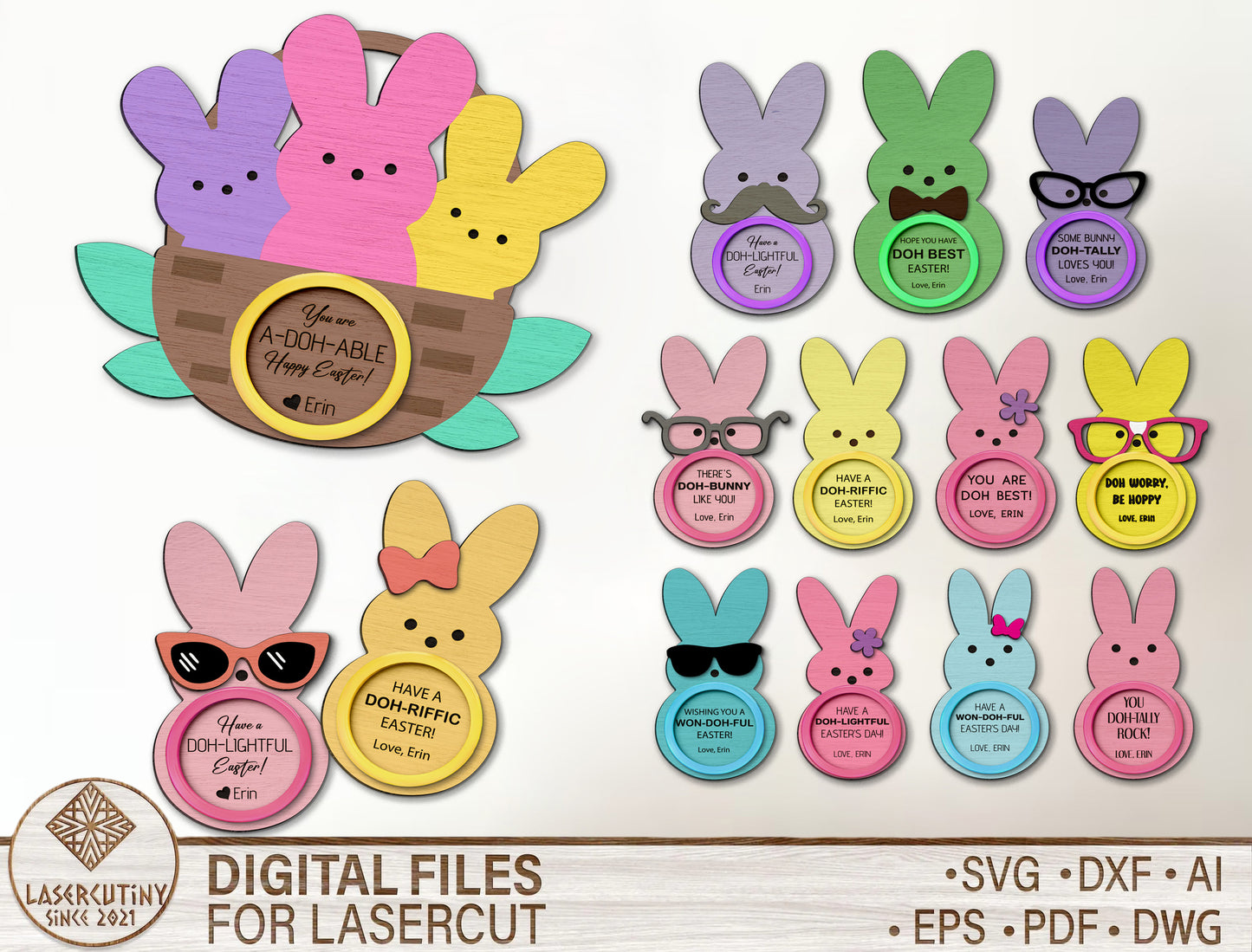 Easter Bunny Play Dough Circle Tag SVG Peeps Bunny for LightBurn and xTool