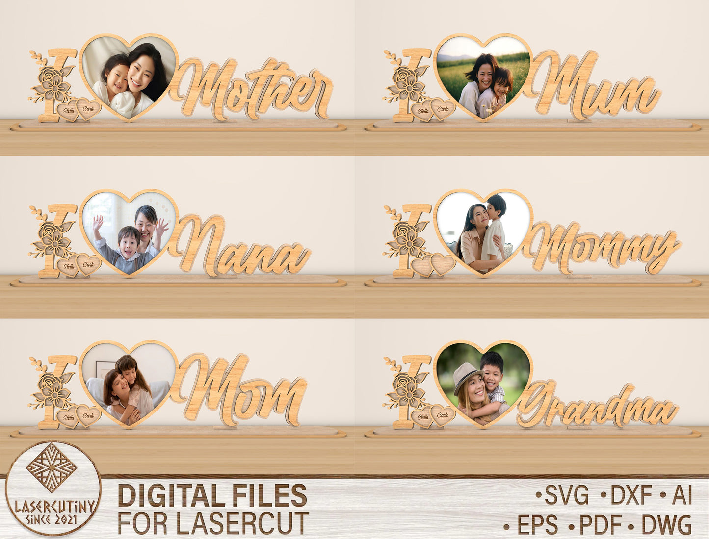 Personalized Mom Name Photo Stand SVG Bundle for LightBurn and xTool