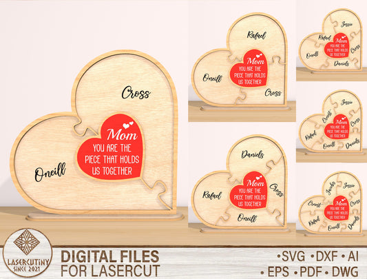 Mom Heart Name Sign SVG Bundle Personalized Family for LightBurn