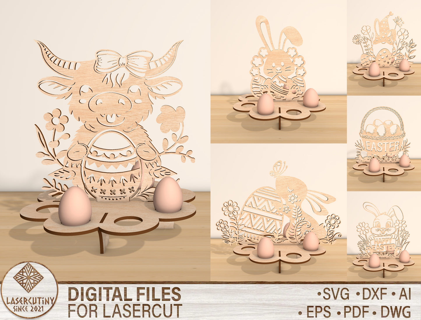 Easter Cow Egg Holder Stand SVG Farm Easter Tabletop for LightBurn and xTool