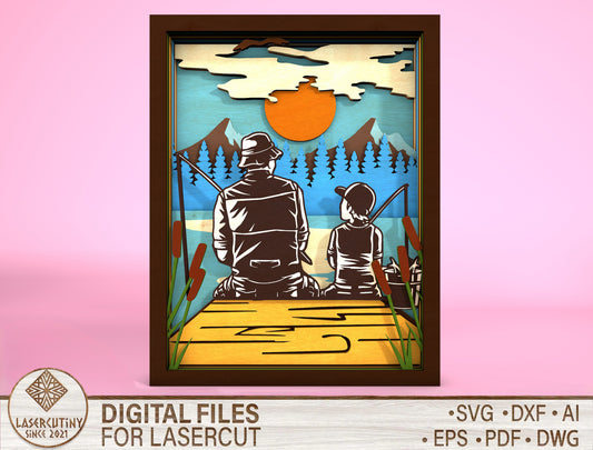 Multilayer Fishing Father Child Sign SVG Laser Cut File for Glowforge and LightBurn