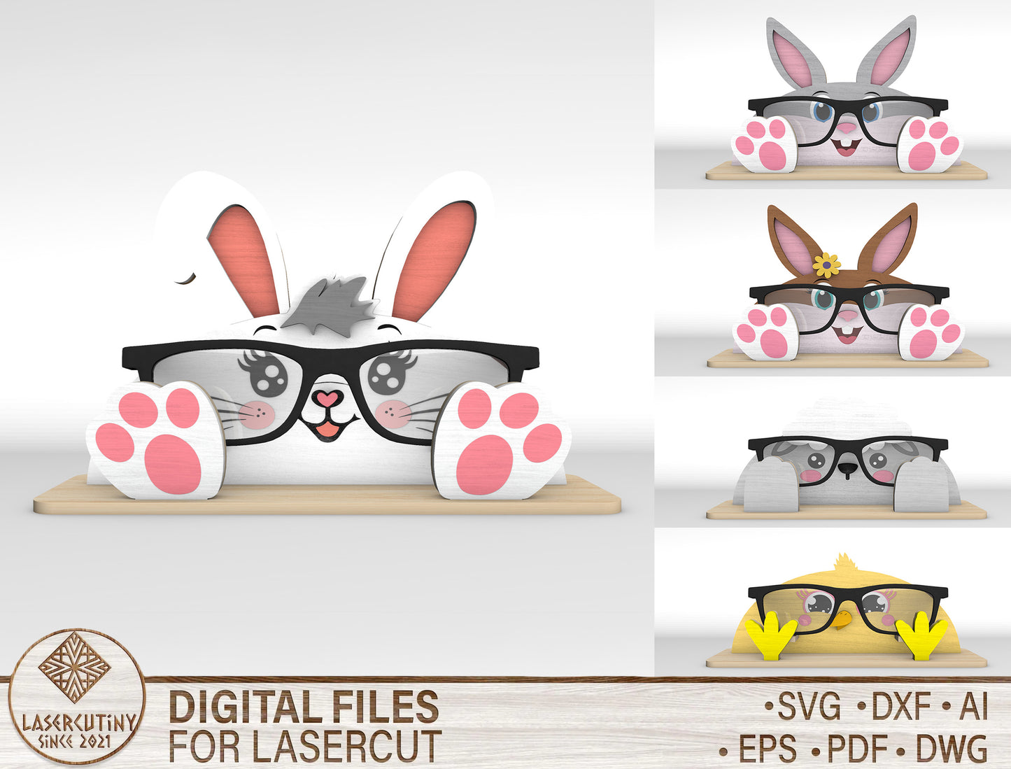 Easter Bunny Glasses Holder SVG Bundle Wooden Desk 5 Designs for LightBurn