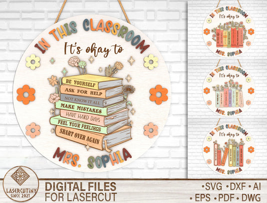 Personalized Book Stack Classroom Door Sign SVG Laser Cut File for Glowforge and xTool