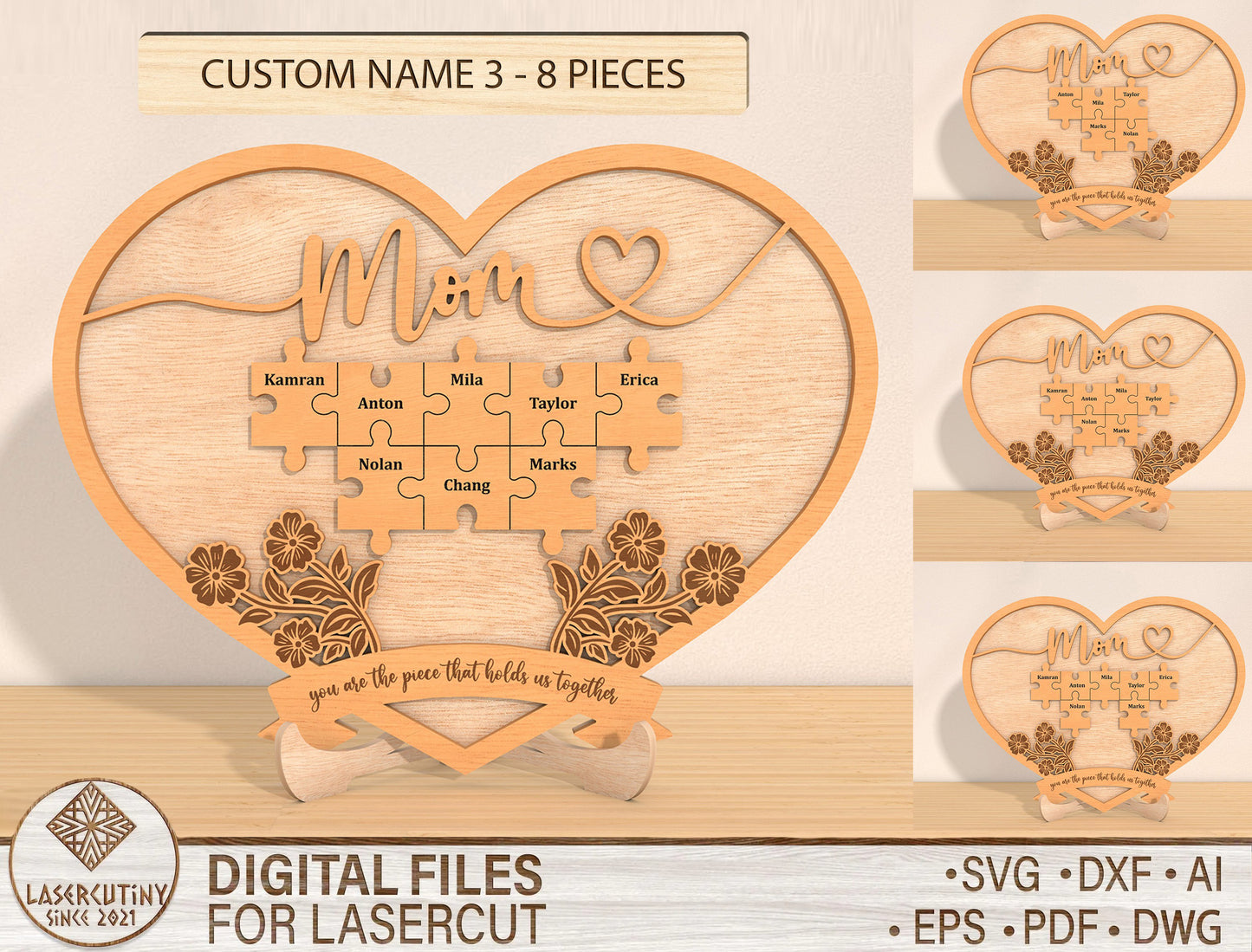 Personalized Mom Puzzle Heart Sign SVG 8 Names for Glowforge and xTool