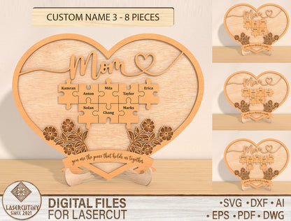 Personalized Mom Puzzle Heart Sign SVG 8 Names for Glowforge and xTool
