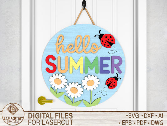 Hello Summer Daisy Ladybug Door Hanger SVG Laser Cut File for Glowforge and xTool