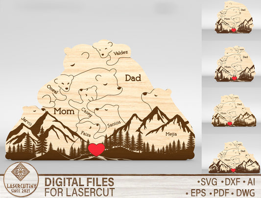 Bear Family Mountain Sign SVG Laser Cut File for LightBurn and Glowforge