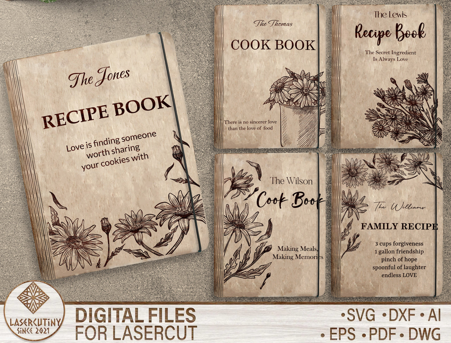 Floral Vintage Recipe Book SVG Cookbook Cover for LightBurn and xTool