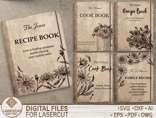 Floral Vintage Recipe Book SVG Cookbook Cover for LightBurn and xTool