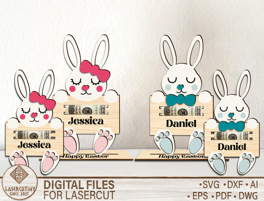 Personalized Easter Bunny Money Holder Laser Cut File – Easter Decor SVG – Custom Name Bunny Cash