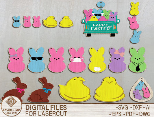 Easter Peeps Earrings SVG Bundle – Wooden Easter Jewelry Laser Cut File – Bunny Chick Dangle Earrings Set