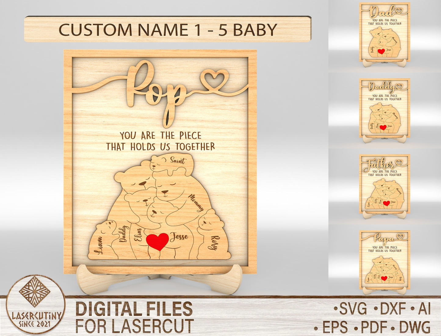 Personalized Pop Bear Puzzle SVG Laser Cut File for Glowforge and LightBurn