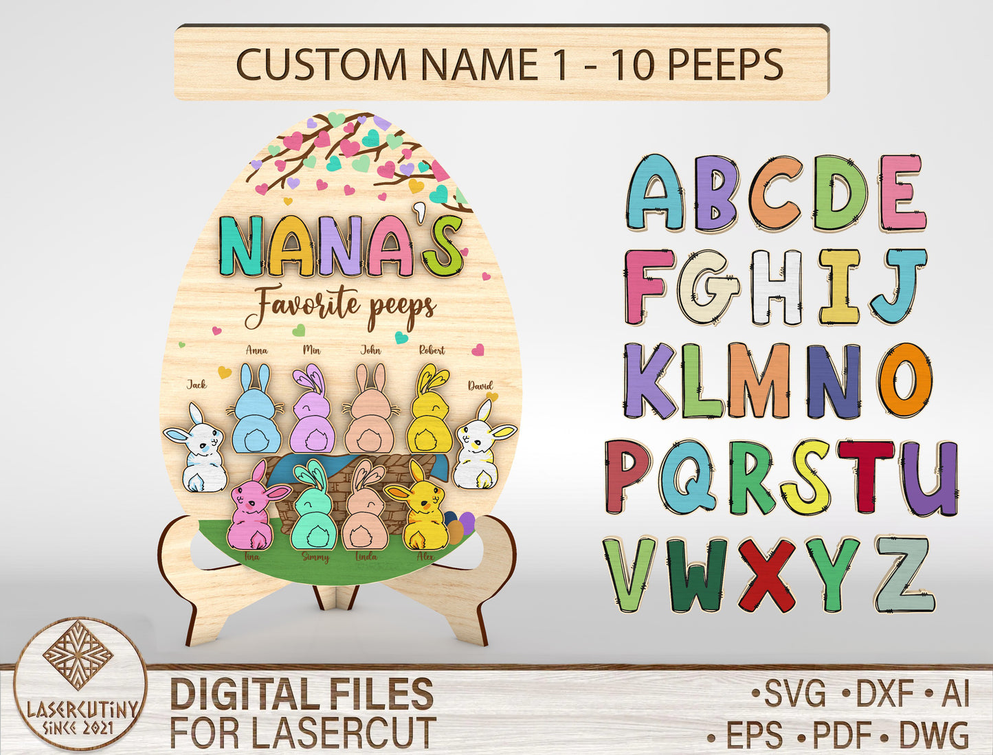 Personalized Bunny Peeps Stand SVG Easter Day Family Name for LightBurn