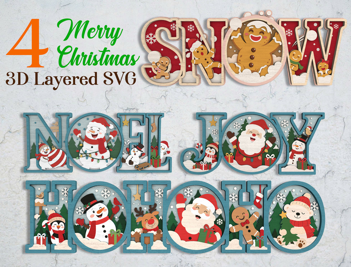 3D Layered Christmas Word Sign SVG Bundle 4