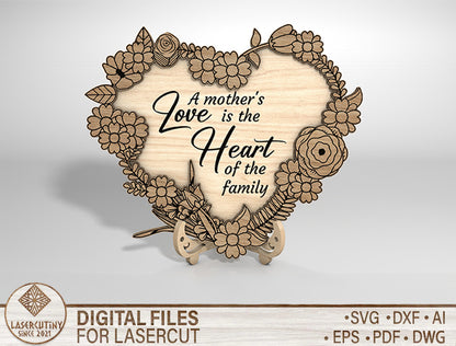 Floral Heart Mom Wooden Sign SVG Mother's Day Quote Laser Cut File for xTool and Glowforge