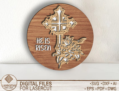 He Is Risen Door Hanger SVG Christian Easter Cross for Glowforge and xTool