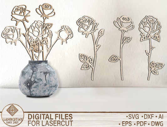 Rose Flower Elegant Stem Outline SVG Laser Cut File for xTool