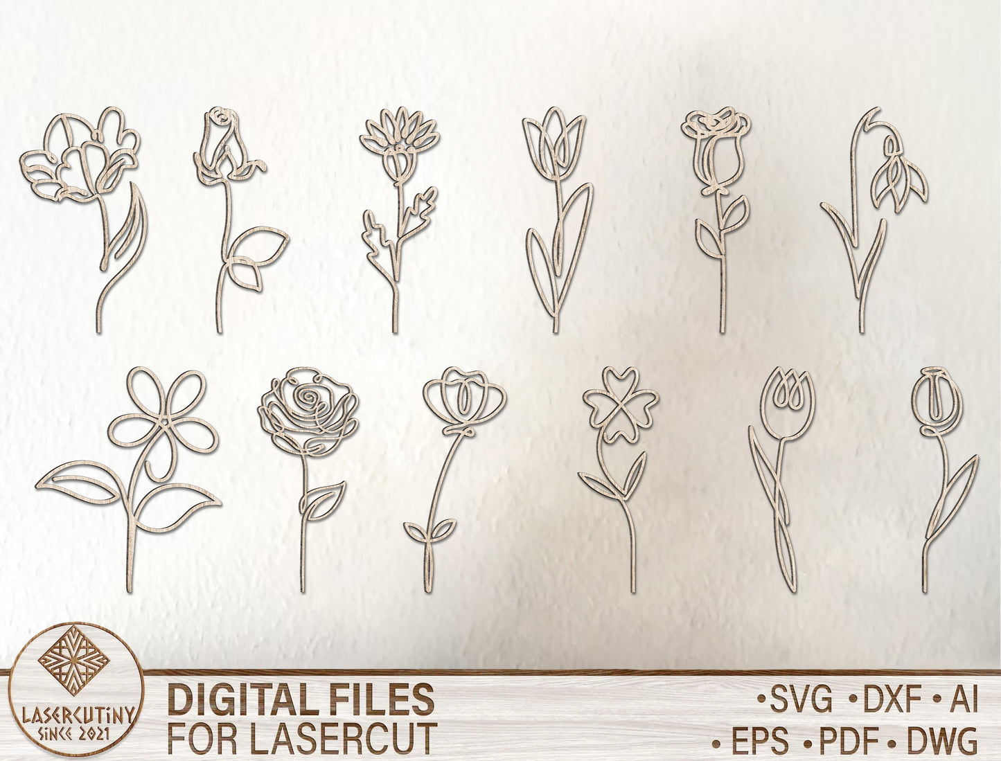 Minimal Botanical Flower Line Art SVG Laser Cut File for Glowforge
